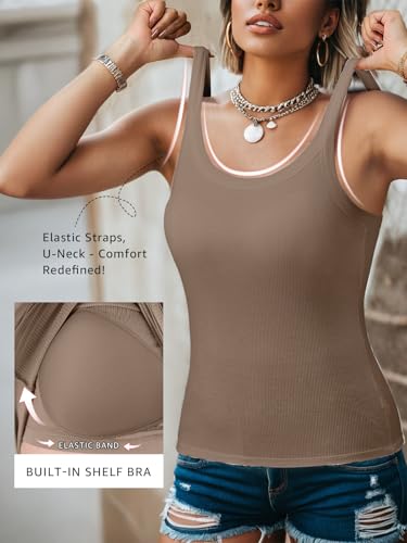 Ninee Tank Top for Women with Built in Bra Ribbed Fitted Tanks Summer Scoop Neck Casual Camisoles Basic Cami4