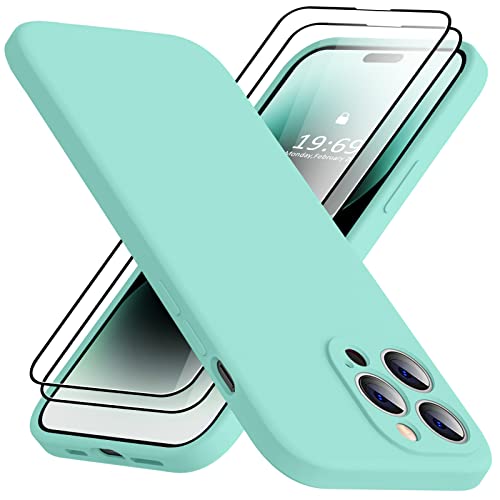 TISOOG Compatible with iPhone 14 Pro Case, with 2 Pcs 9H Tempered Glass Screen Protector, [Camera Protection][Microfiber Lining] Slim Shockproof Liquid Silicone Case for iPhone 14 Pro,Sea Blue