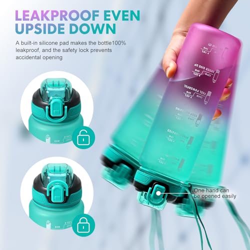 Water Bottle with Straw 1L,Boys Water Bottles with Straw 1 Litre,Waterbottle Leak-Proof Sports Water Bottle,Plastic Drinks Bottles Toxin Free，Bpa-Free (Gradient Green-Pink)