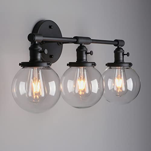 Phansthy 3-Light Wall Sconces Antique Brass Vanity Light, Industrial Wall Lamps with On Off Switch and Clear Glass Lampshade, Vintage Wall Lighting for Bathroom Living Room (Black, Globe Shade)