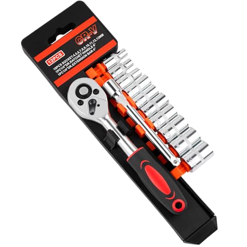 Crizendo 12PCS 1/4 Inch Drive Socket Set, Premium Mini Ratchet Socket Wrench Set, Small Metric Ratchet Socket Wrenches Set, with 1/4 Ratchet Extension Bar for Car, Automotive, Household Repair