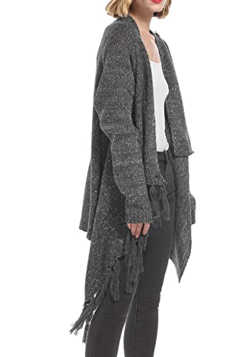 Image of Women's Open Front Knited Tassels Slash Loose Cardigan Crew Neck Speckled Fringe Sweater Outwear