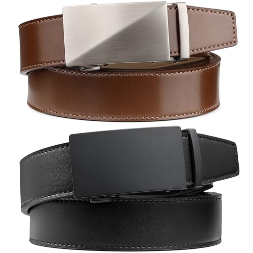 Image of Founders & C Mens Belt 2 Pack,Leather Ratchet Click Belt Dress with Slide Buckle 1 3 /8 inch in Gift Set Box- Size Adjustable
