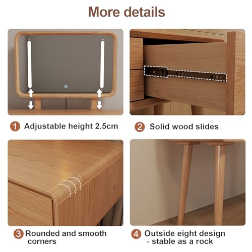 Image of Soild Wood Vanity Table 40 IN with Light Mirror High Adjustable, Make Up Desk Large Dressing Table 3 Lighting Modes, Makeup Vanity 3 Drawer Dresser Vanity Table Wooden for Checkroom Apartment Bedroom