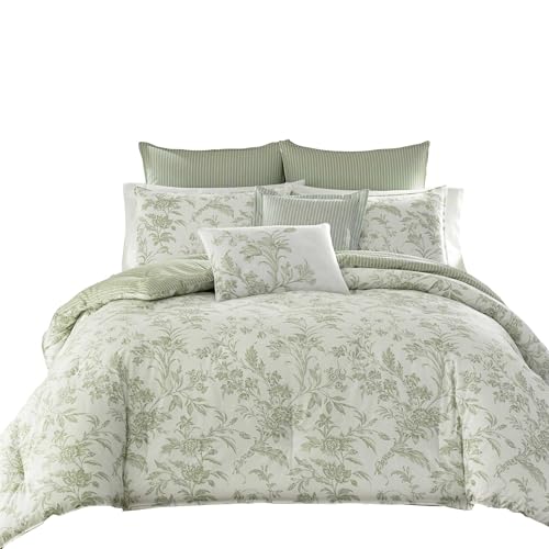 Image of Laura Ashley - Queen Size Bonus Comforter Set, Reversible Cotton Bedding, Includes Matching Shams with Bonus Euro Shams & Throw Pillows (Natalie Green)