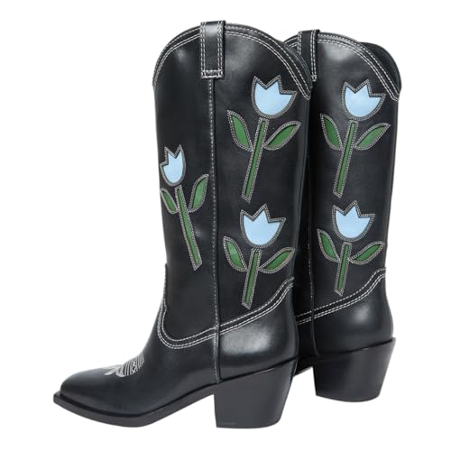 FYS Women's Western Cowgirl Square Toe Boots Chunky Low Heel Wide Calf High Boots Fashion Pull On Street Shoes Size 4-16 US3