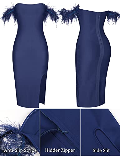 Whoinshop Women's Sexy Off Shoulder Feather Bodycon Side Split Party Club Bandage Midi Dress Blue L #TOP3