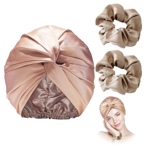 RANYAKE Seidenhaube Haare,Schlafhaube Seide,Silk Bonnet,Seidenhaube Zum Schlafen Zwei Kostenlose HaarbäNder