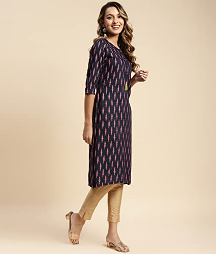 Image of rangita Navy Rayon Calf Length Printed Straight Kurti for Women | Kurta for Women