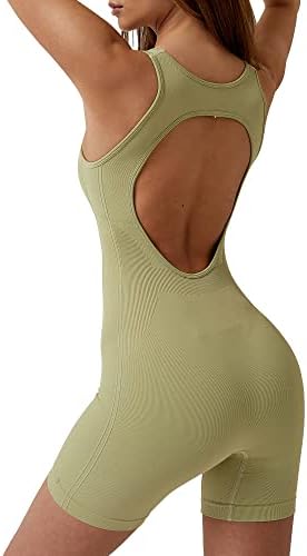 elelady Women's Workout Yoga Gym Jumpsuit Seamless One Piece Backless Tummy Control Padded Sports Bra Rompers Limegreen M