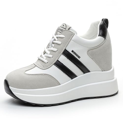 Image of Platform Sneakers for Women High Hidden Heel Wedge Sneakers Fashion Leather Chunky Lace up Wedge Tennis Shoes Increasing 3.94 inch