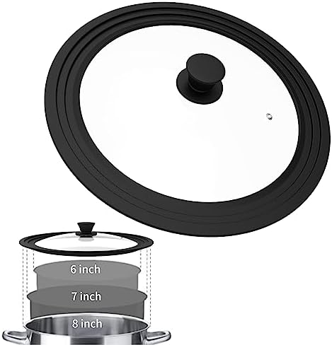 Universal Lid for Pots, Pans and Skillets Vented Tempered Glass with Heat Resistant Silicone Rim, Fits 6 inch, 7 inch, 8 inch Cookware, Replacement Lid, Black