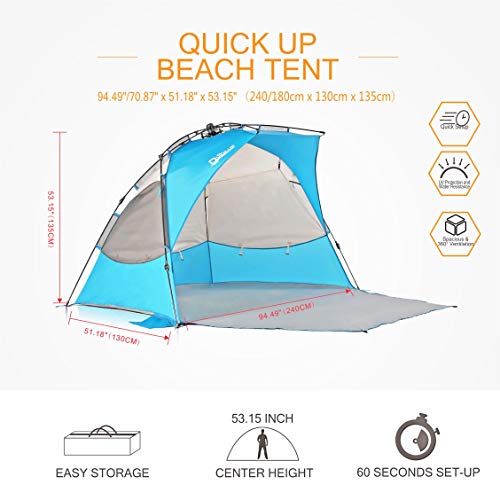 Pop Up Beach Tent Sun Shelter, 4-5 Person Instant Beach Shade Umbrella,With Spf 50+ Uv Protection, Water-Resistant Beach Canopy For Fishing Hiking Camping, With Extended Porch- Extra Large #TOP3