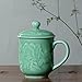 Teacups 13oz Coffee Mugs with Lid Porcelain Cups Embossed with Peony Chinese Celadon(01-Green)