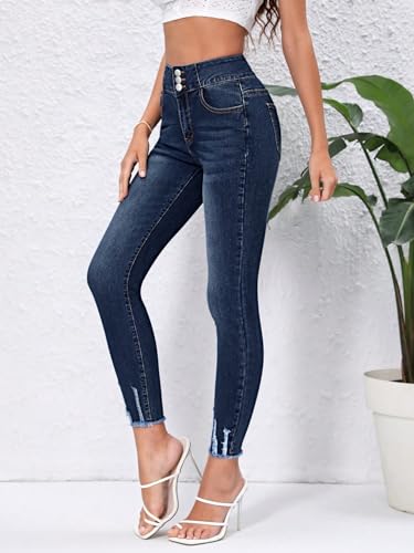 SweatyRocks Women's Ripped Raw Hem High Waist Skinny Jeans Casual Button Bootcut Denim Jeans3