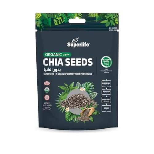 Superlife Organic Chia Seeds | Super Seed With Omega 3 Fatty Acid & Protein | High In Antioxidant | 5 Gms Of Dietary Fibre Per Serving | Gluten-Free | Dairy-Free | Vegan | 454 Grams