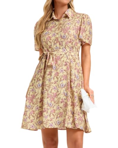 Image of Women Long Sleeve Spring Button Down A-Line Floral Print Summer Cocktail Shirt Dresses with Belt