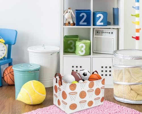 Image of Rectangular Baketball Baskets,Kids Basket for Boy.Waterproof PE Coating Cute Basket with Handles.Boys Bin,Toys Box,Books Bins. (Basketball)