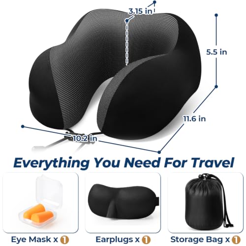 Image of ExploreBliss Travel Pillow, Memory Foam Neck Pillow Airplane, Black | Travel Pillows for Airplanes, Neck Pillow Airplane, Memory Foam Neck Pillow Set with Eye Mask, Earplugs