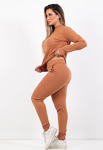 Conjunto Canelado Manga Longa Blusa Canelada Calça Jogger Cintura Alta Liso (Preto, M)