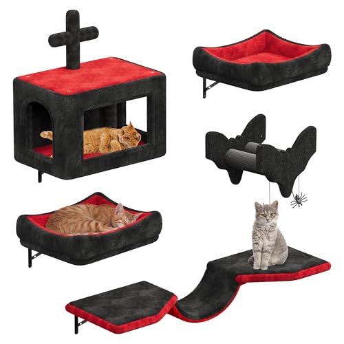 YITAHOME Gotisch Kletterwand Katzen Set aus Flanell, 5-Teiliges Stabiler Katzenmöbel mit Katzenhaus, Katzenbett, Katzenhängematte, Sisalsäule mit...