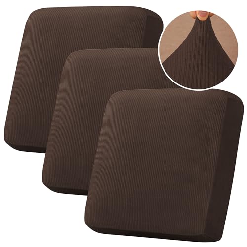 H.VERSAILTEX Velvet Stretch Couch Cushion Cover Plush Cushion Slipcover for Chair Loveseat Sofa Cushion Furniture Protector Seat Cushion Sofa Cover (3 Piece XL Sofa Cushion Covers, Brown Striped)