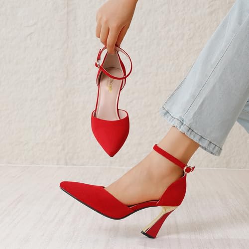 Image of RIBONGZ Comfortable Kitten Heels for Women Pointed Closed Toe Ankle Strap Buckle Heels Slip on Low Heel Church Pumps Wedding Bridal Party Dressy Shoes