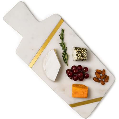 Cork & Mill Marble Cheese Board for Charcuterie, Large Decorative Stone Cutting Board, 15' Long Charcuterie Tray, Unique Gold and White Decorative Meat and Cheese Serving Tray with Handle