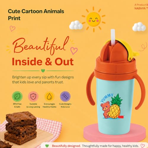 Image of Nabhya Inner Stainless Steel & Outer Plastic 360ml BPA-Free Cute Animal Design Baby Sipper Kids Water Bottle with Straw and Side Handle for Kids (Blue)