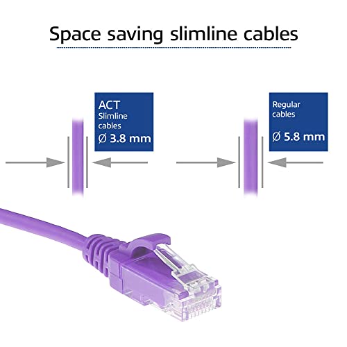ACT CAT6 kabel sieciowy, U/UTP LSZH LAN kabel cienki, 3,8 mm Slimline, elastyczny kabel Snagless Ethernet z wtyczką RJ45, do stosowania w centrach danych, 0,5 m, fioletowy – DC9300