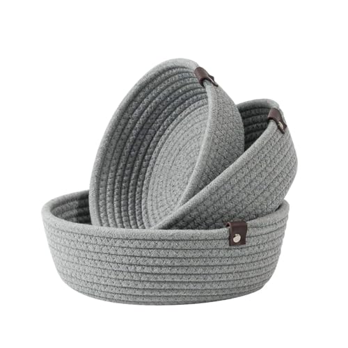 Image of Handmade Jute Cotton Storage Baskets Set of 3 for Dining Table, Fruit Basket & Roti Bowl, Cane Style Organizer for Kitchen, Home Decor, Washable Multipurpose (Grey)