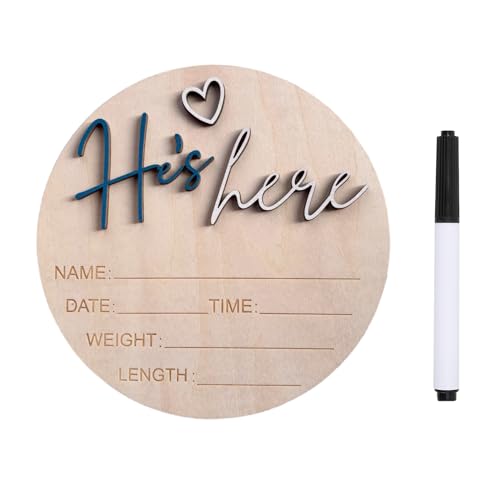 Image of Baby Announcement Sign, ​5.9 Inch Wooden Hello World Newborn Signs, Birth Announcement Sign, Gender Reveal Signs, He's here Decoration, Welcome Newborn Arrival To World (He's,Deep Sea Blue)