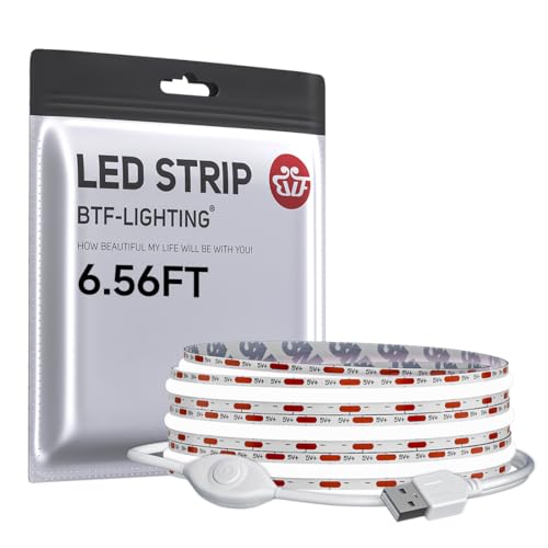 Image of BTF-LIGHTING FCOB COB LED Strip Lights 5V USB Powered Cool White 6000K | 6.56FT 640LEDs CRI90+ Dimmable Super Bright LED Light with 3M Tape for TV Backlight PC 3D Printer Cabinet Home DIY Lighting