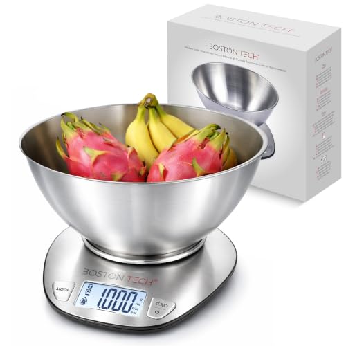 Boston Tech HK107 - Báscula de cocina electrónica - Peso de precisión para cocina. Acero Inoxidable con Proteccion Anti-Salpicaduras, facil de Limpiar, Capacidad hasta 5kg, Plata