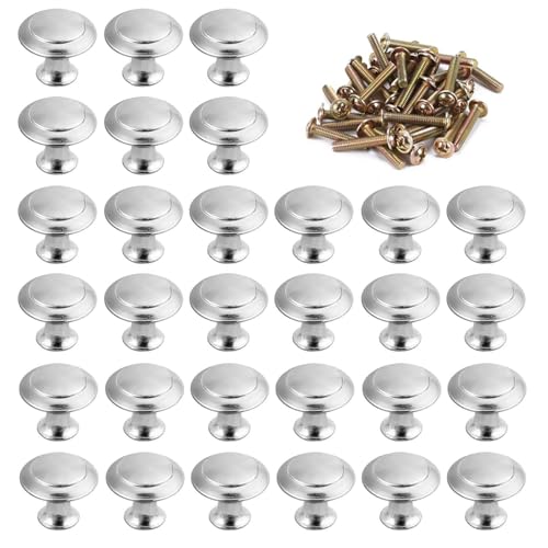 Luabue 30Pcs Chrome Cabinet Knobs 30mm Drawer Door Knob Silver Kitchen Cupboard Knobs Round Mushroom Pull Handles with Screws for Wardrobe Dresser Bathroom Rack Bedroom Furniture