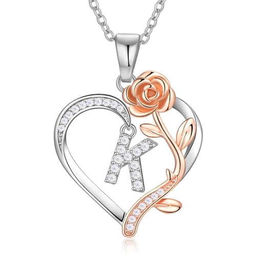 DFUNH Rose Heart Initial Necklace Gifts for Women, Letter Pendant Necklaces for Women Jewelry Anniversary Birthday Gifts for Wife Valentine's Day Gift for Girlfriend Christmas Gifts for Women Daughter Mother Day Christmas Gifts for Mom Grandma (K)
