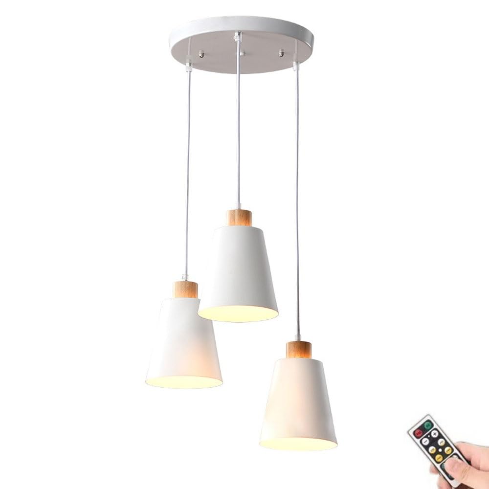 KEFA Modern Not Hardwired Battery Operated Pendant Light with Remote & Blub, USB Rechargeable Kitchen Island Pendant Light/Ceiling Hanging Lighting, White Chandelier for Living Room Dining Table Bed