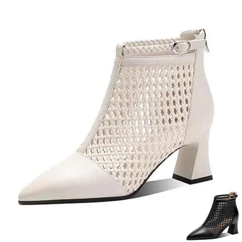 Women's Soft Leather Breathe Hollow Out Block Heel Ankle Boots Sexy Comfortable Pointed Closed Toe Ankle Strap Summer Back Zipper Chunky Heel High Top Sandals for Work Party Prom