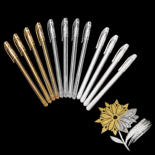 Lot de 12 stylos gel à paillettes or blanc et argent - 0,8 mm - Pointe fine - Étanche - Stylo blanc pour papier noir foncé - Pour dessin, croquis, dessin et...