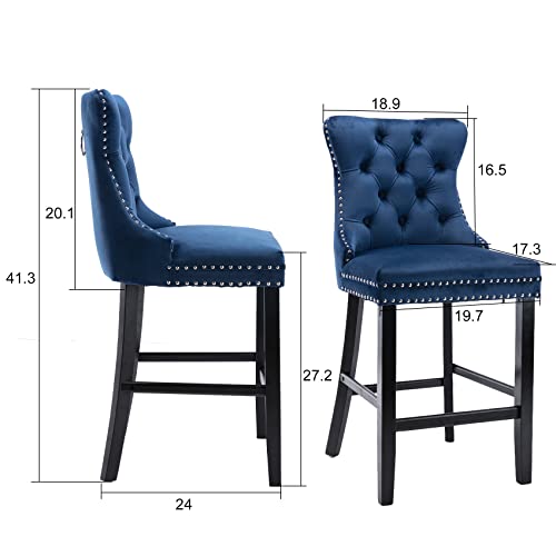 Aoowow Velvet Upholstered Counter Height Bar Stools Set Of 2, Counterstool Seat Height 27.2", Wingback Armless Bar Chairs Button Tufted With Solid Wood Legs For Kitchen Island Bar Area (Blue) #TOP2