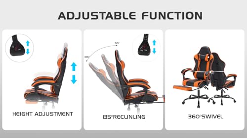 Image of Gaming Desk Chair for Adults, Ergonomic Gaming Chair (Black+Orange) | with Footrest Headrest and Lumbar Support, Leather Material Height Adjustable computer Video Game Chairs