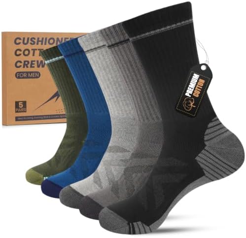 Blu Ninfee Baumwoll Wandersocken Herren, Gepolstert Arbeitssocken, 5 Paar | Atmungsaktive Baumwollsocken, Nahtlose Zehen, Fußgewölbestütze, Sportsocken für Tennis, Laufen, Trekking