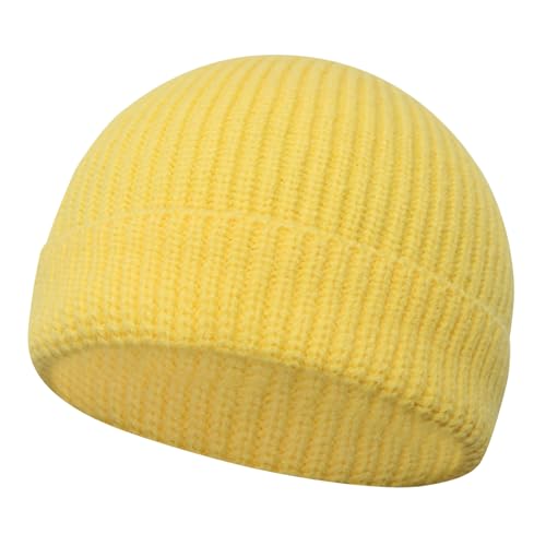 PFFY Trawler Short Fisherman Beanie Roll-up Edge Knit Cuff Beanies Winter Hats for Men Women Yellow