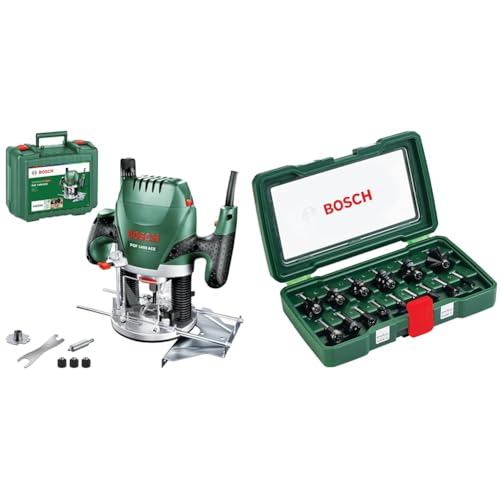 Bosch Défonceuse – POF 1400 ACE – 1400W (avec régulation électronique, réglage de la profondeur de fraisage et éclairage) + 15 pièces Ensemble de...