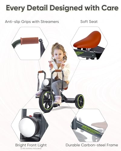 RIDYEE Toddler Tricycle for 2 to 5 Years, Tricycle for 3 Years with Front Light, Rubber Front Wheel, Soft Handlebar with Streamers, Adjustable Seat, Grey — view 3