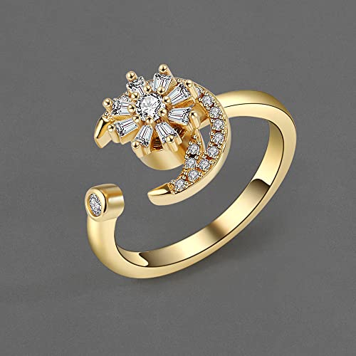 Adjustable Women's Band Birthstone Ring Release Anxiety Open Flower And Bee Spinning Rings Girl's Rotatable Calming Worry Meditation Ring Birthday Christmas Jewelry Gifts For Releasing Anxiety Stress (Moon) #TOP3