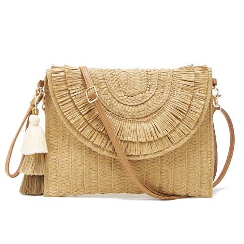 WEIMZC Small Straw Purse for Women Summer Clutch Purses Beach Woven Envelope Bag Raffia Shoulder,Straw Crossbody Bag boho(Tassels Brown)