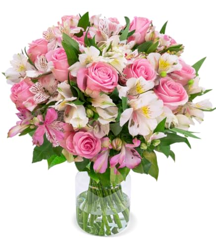 Blumenstrauß "Sweet Surprise", rosa Rosen und weiße Inkalilien, bis zu 40 Blüten, 40-50cm Länge, 7-Tage-Frischegarantie, Qualität vom Floristen, perfekte Geschenkidee bestellen