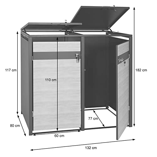 2er Mülltonnenverkleidung HWC-J82, Mülltonnenbox, erweiterbar, Metall 50kg, anthrazit - Kirsche-Holzoptik Dunkelbraun