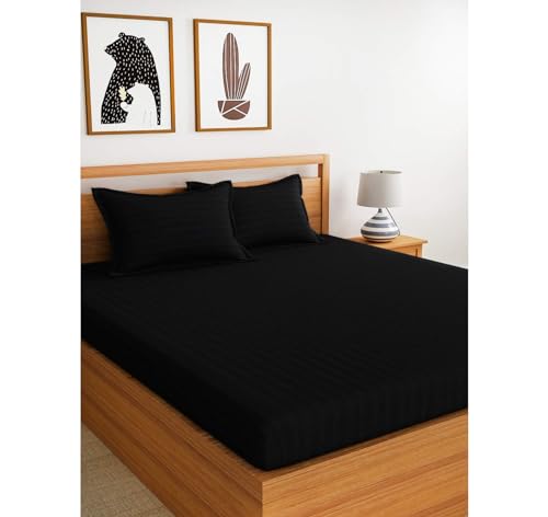 Image of Combo Pack of 2 Elastic Fitted Bedsheet 1 for Double Bed and 1 for Single Bed of Same Print 200TC(Plain Black)